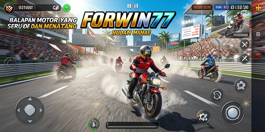 Screenshot gameplay FORWIN77 menampilkan aksi balapan motor di trek yang menantang.