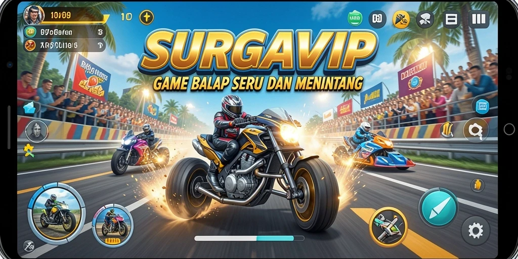 Tangkapan layar SURGAVIP menampilkan aksi balap yang mendebarkan dan lintasan menantang.